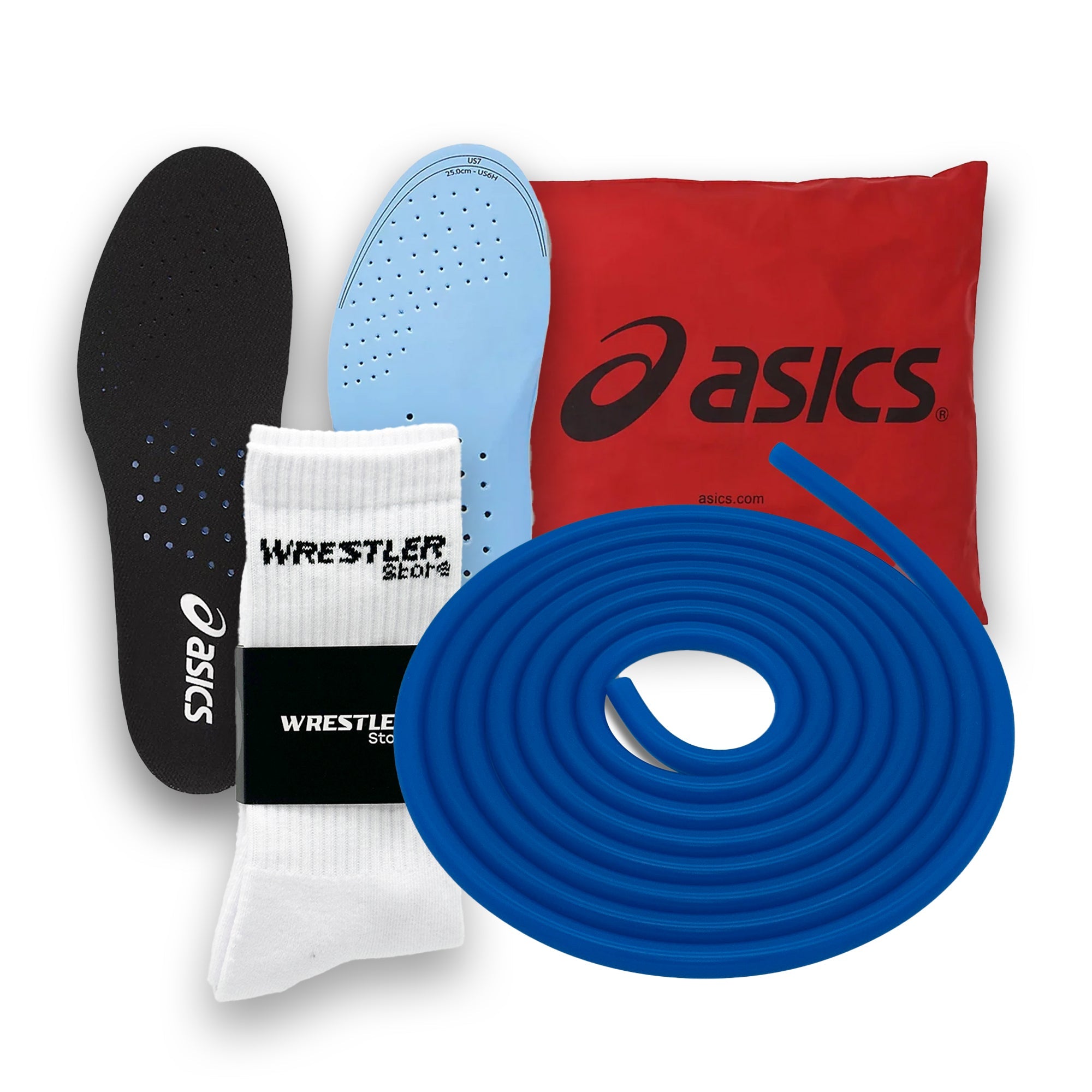 WrestlerStore Zubehör – Socken, ASICS Einlegesohlen, Schuhbeutel und Resistance Bands für Ringertraining und Wettkampf