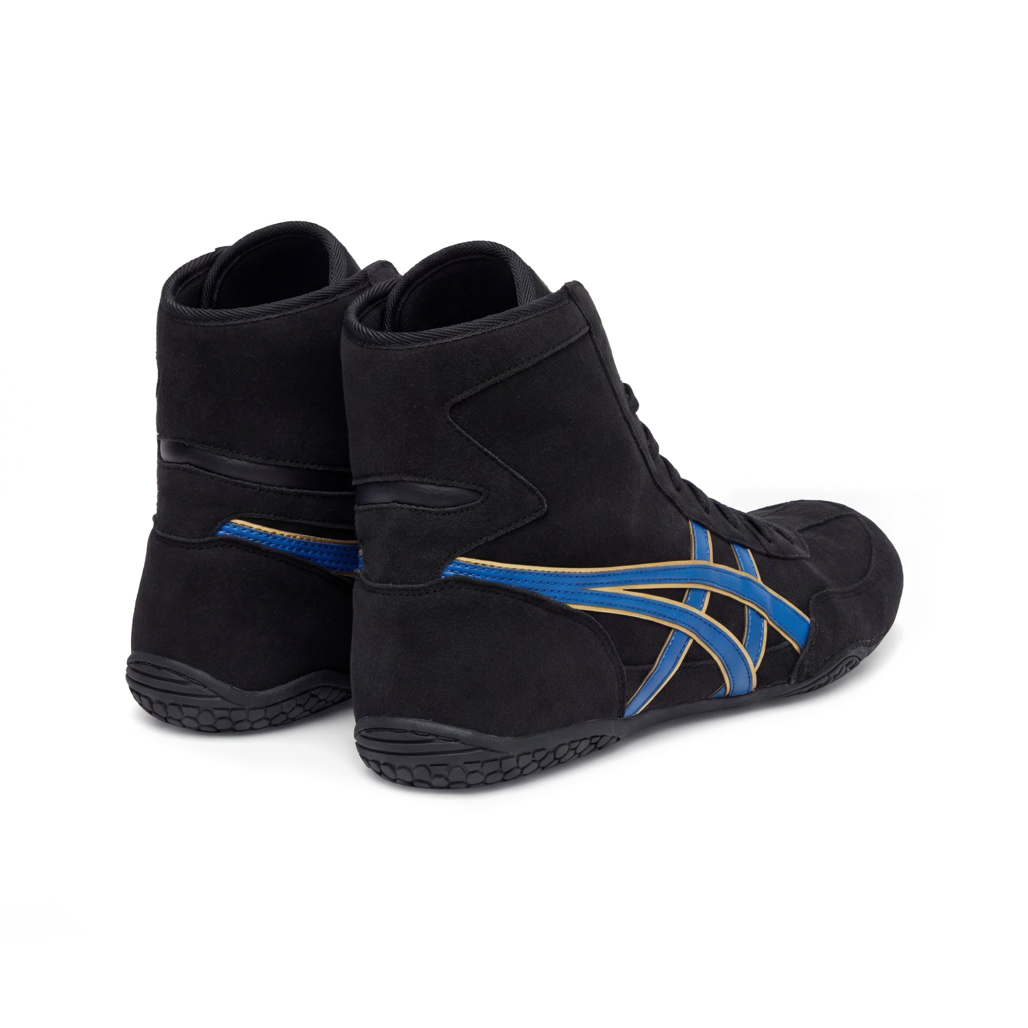 ASICS EX-EO Ringerschuhe Schwarz/Blau/Gold – Schrägansicht von hinten mit Ferse