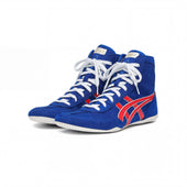 ASICS EX-EO Ringerschuhe blau-rot – Paar in Dreiviertel-Frontansicht, Studioaufnahme auf weißem Hintergrund