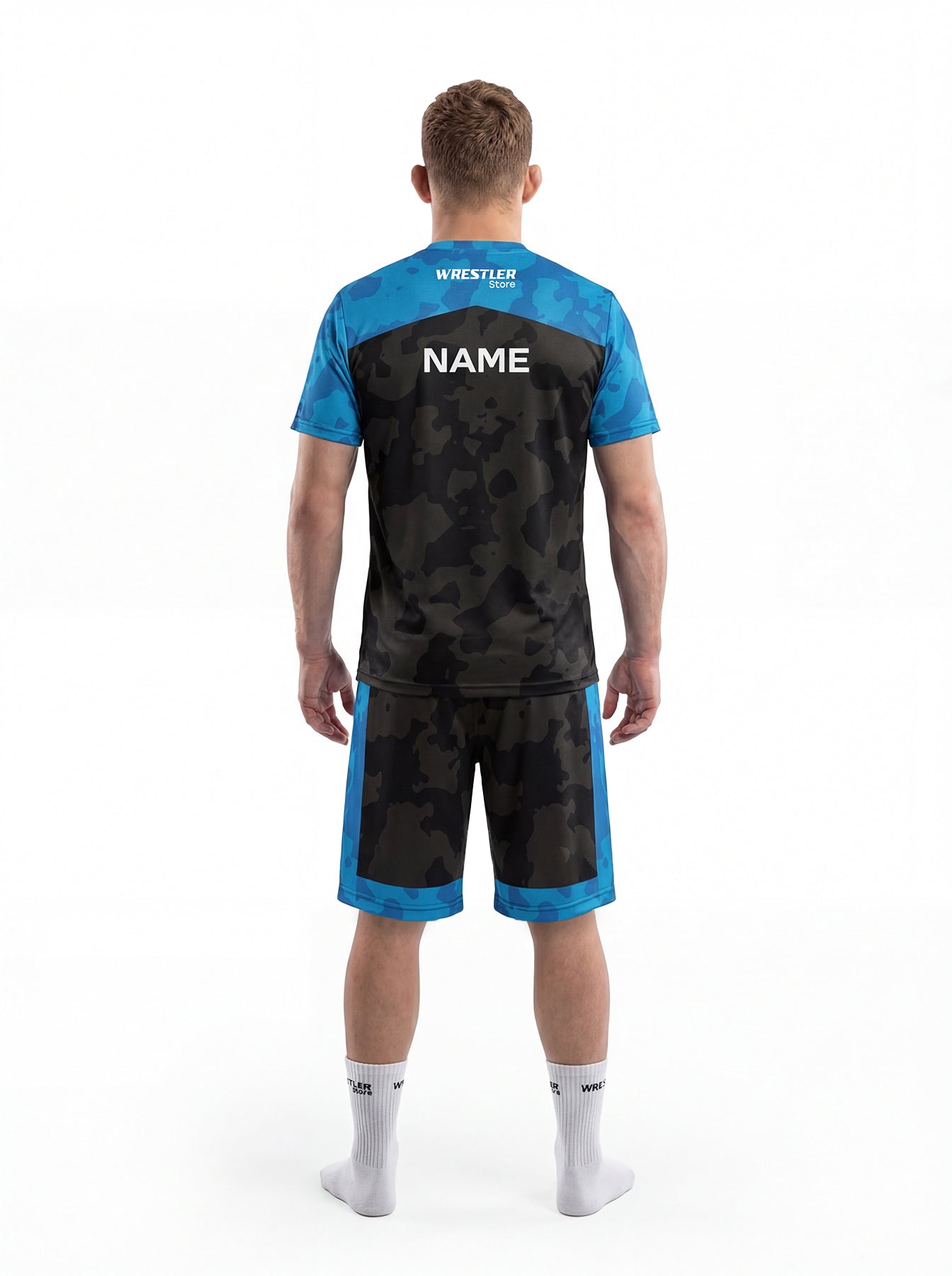 WrestlerStore Camo T‑Shirt & Shorts Set blau/schwarz – Rückansicht mit Namensfeld, camo Teamwear für Ringen & Training