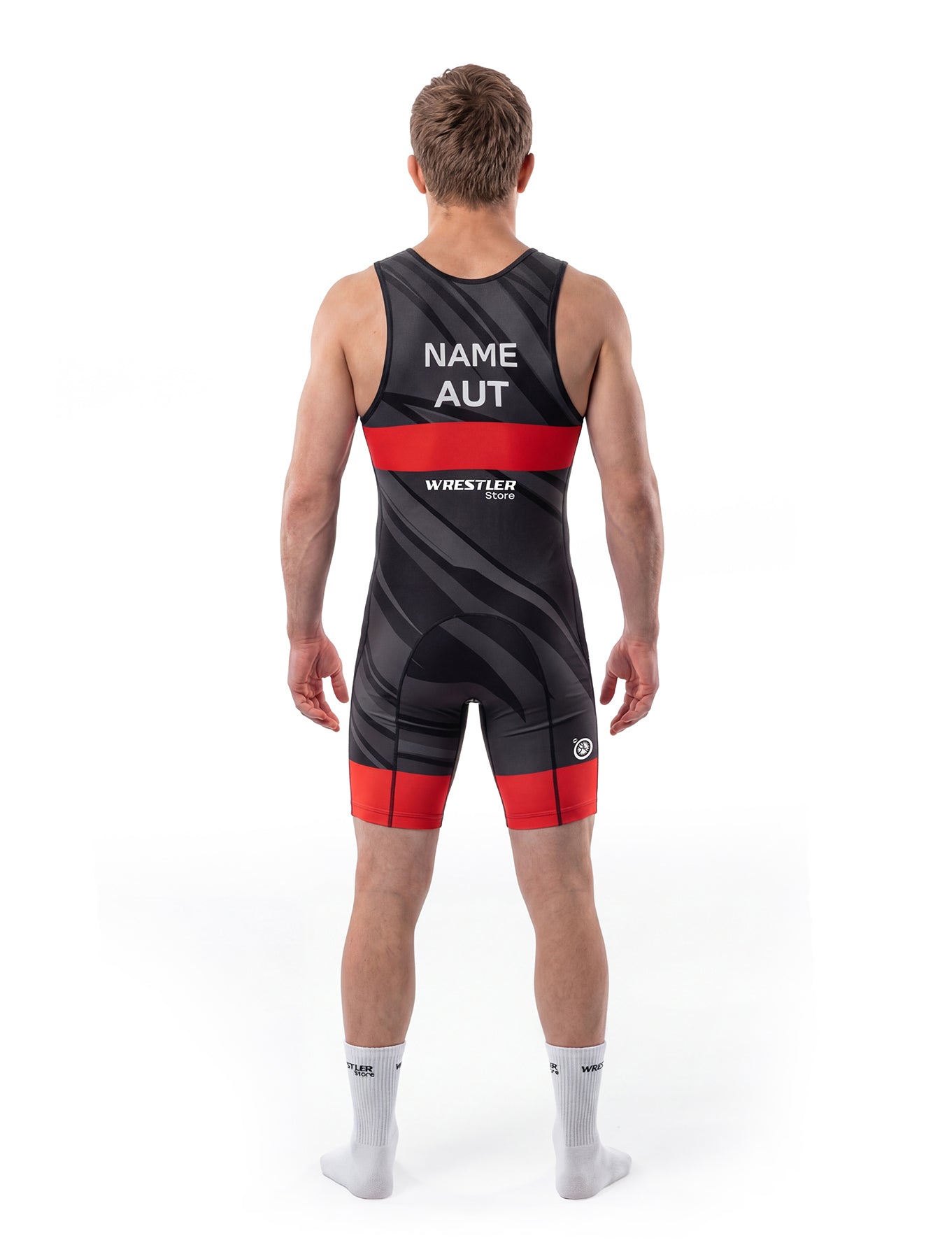 WrestlerStore Austria Ringertrikot schwarz/rot – Rückenansicht mit Namensfeld und Länderkürzel AUT, dynamisches Streifen‑Design
