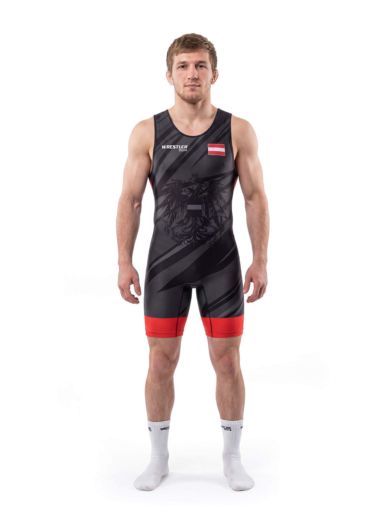 WrestlerStore Austria Ringertrikot schwarz/rot – Vorderansicht mit Österreich‑Flagge, dynamisches Streifen‑Design, Wrestling Singlet