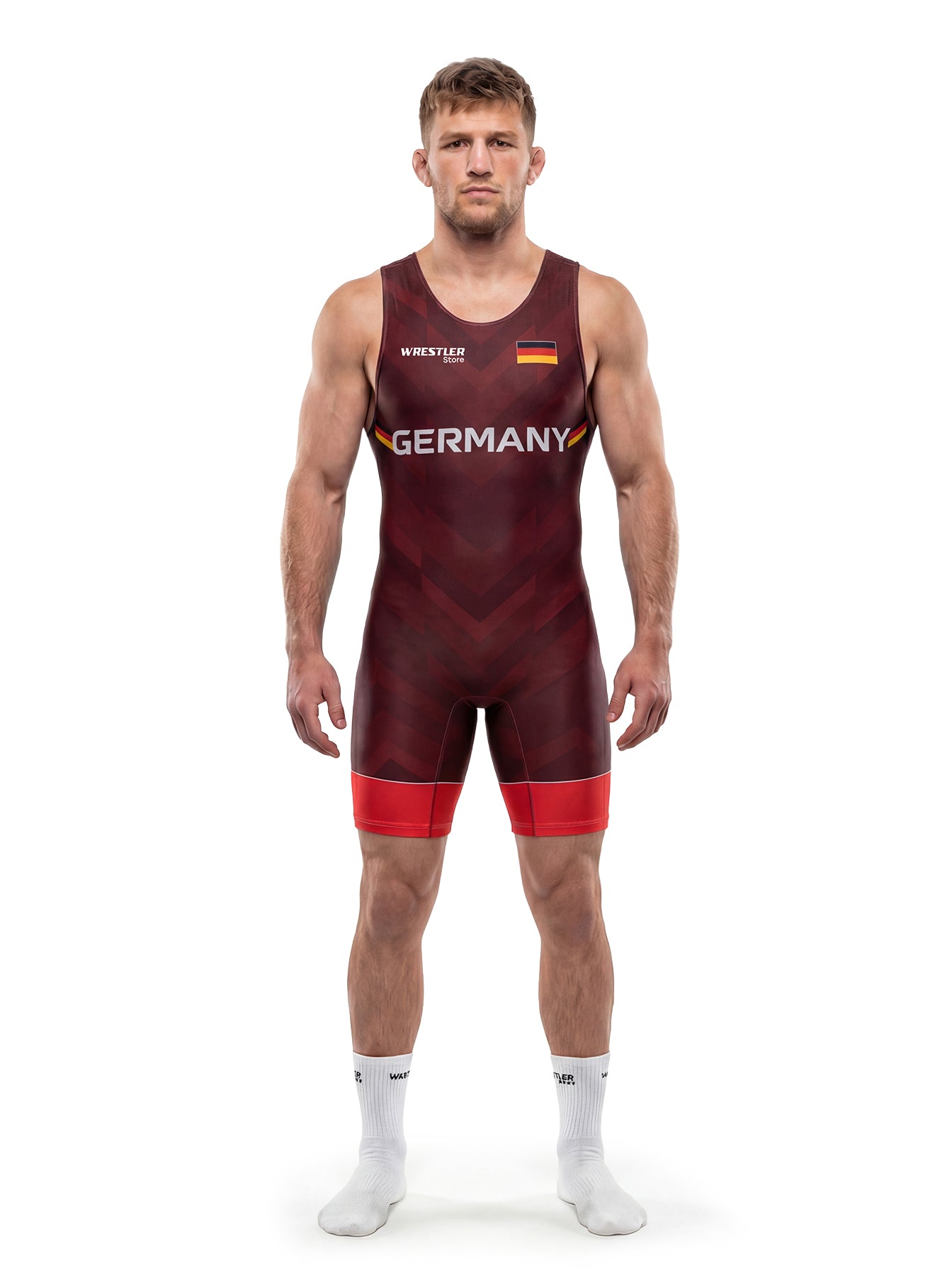 WrestlerStore Germany Herren Ringertrikot dunkelrot mit Deutschland-Flagge und GERMANY-Schriftzug – Vorderansicht, Chevron-Muster, Wettkampf-Wrestling-Singlet