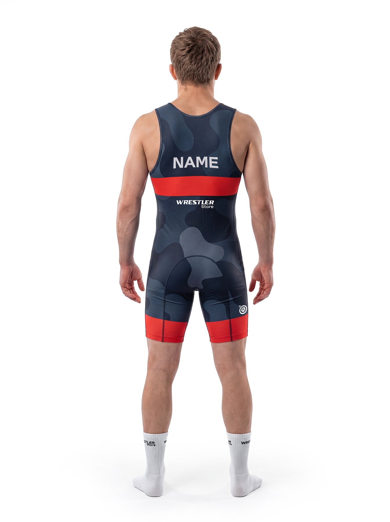 WrestlerStore Shadow Obs Ringertrikot dunkelblau camo mit rotem Band – Rückenansicht mit Namensfeld, Wrestling Singlet