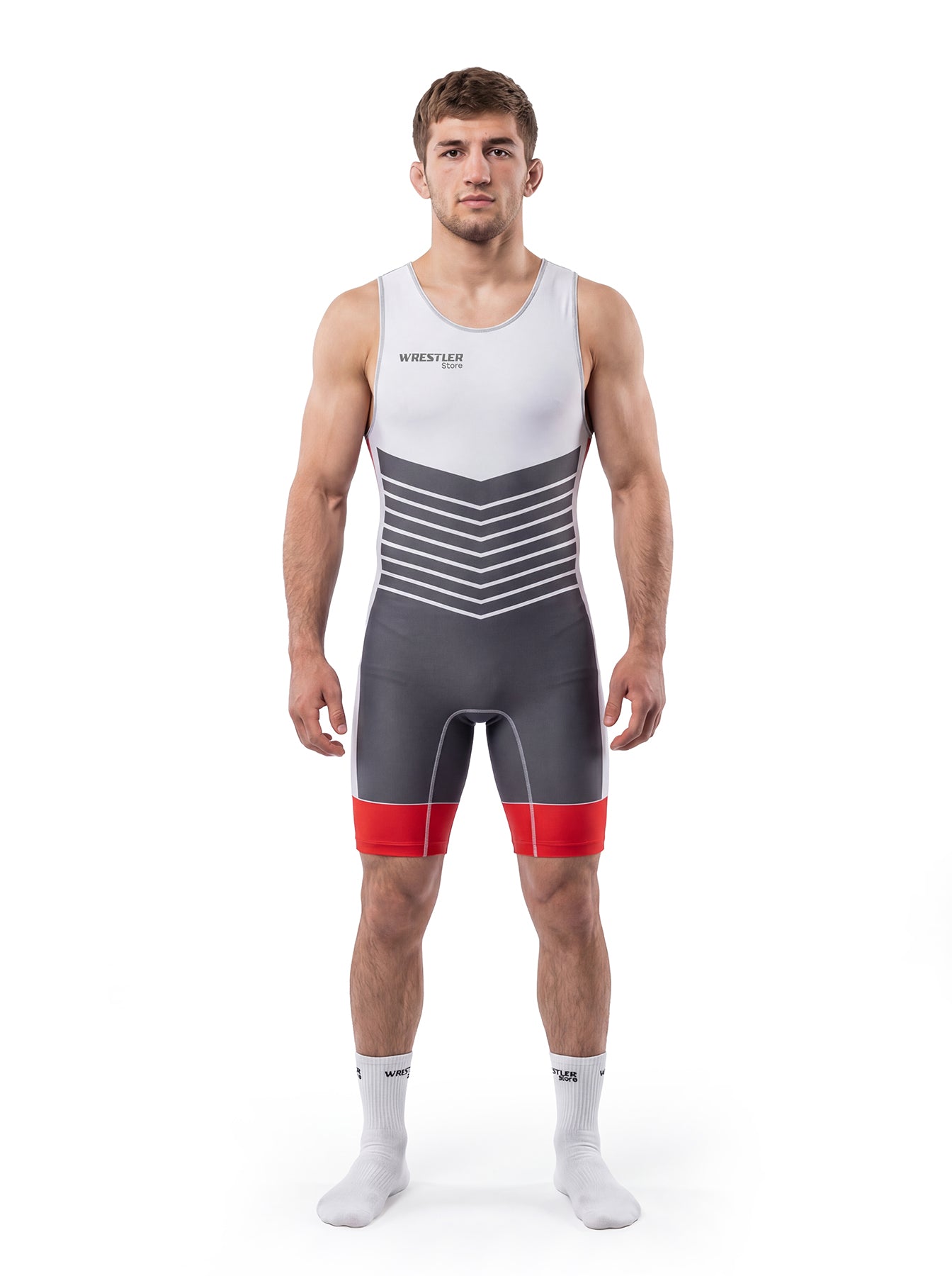 WrestlerStore Trix Ringertrikot rot – Vorderansicht, dynamisches Streak‑Design, eng anliegendes Ringertrikot